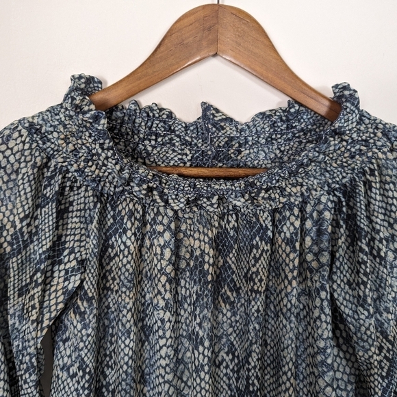 ASOS Shirred Bardot Snakeskin Print Long Sleeve Boxy Fit Sheer Blouse - Picture 5 of 8